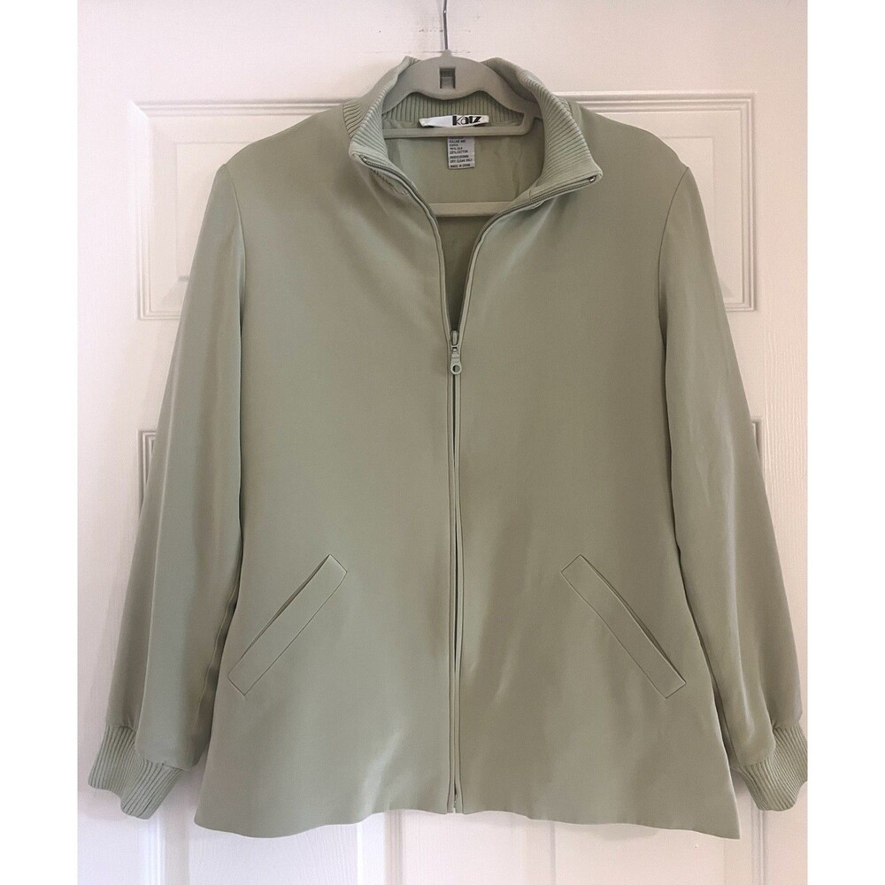 Barbara Katz 100% Silk Full Zip Jacket Sage Green Coastal Luxury Sz 10 Capsule